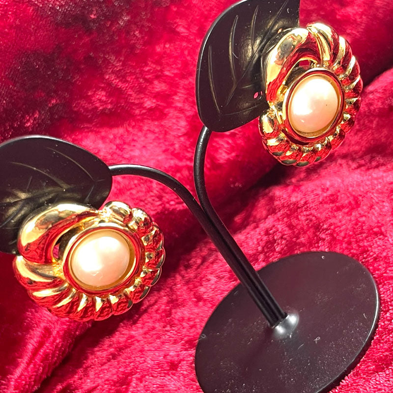 大きめパール イヤリング 大ぶり ヴィンテージアクセサリー 22KTゴールドプレート 金 ニッケルフリー KEYES カナダ製 欧米 プレゼント ギフト