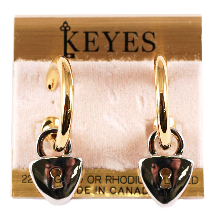 南京錠のモチーフ イヤリング 揺れる 大ぶり フープ型 ヴィンテージアクセサリー 22KTゴールドプレート 金 ニッケルフリー KEYES カナダ製 欧米 プレゼント ギフト