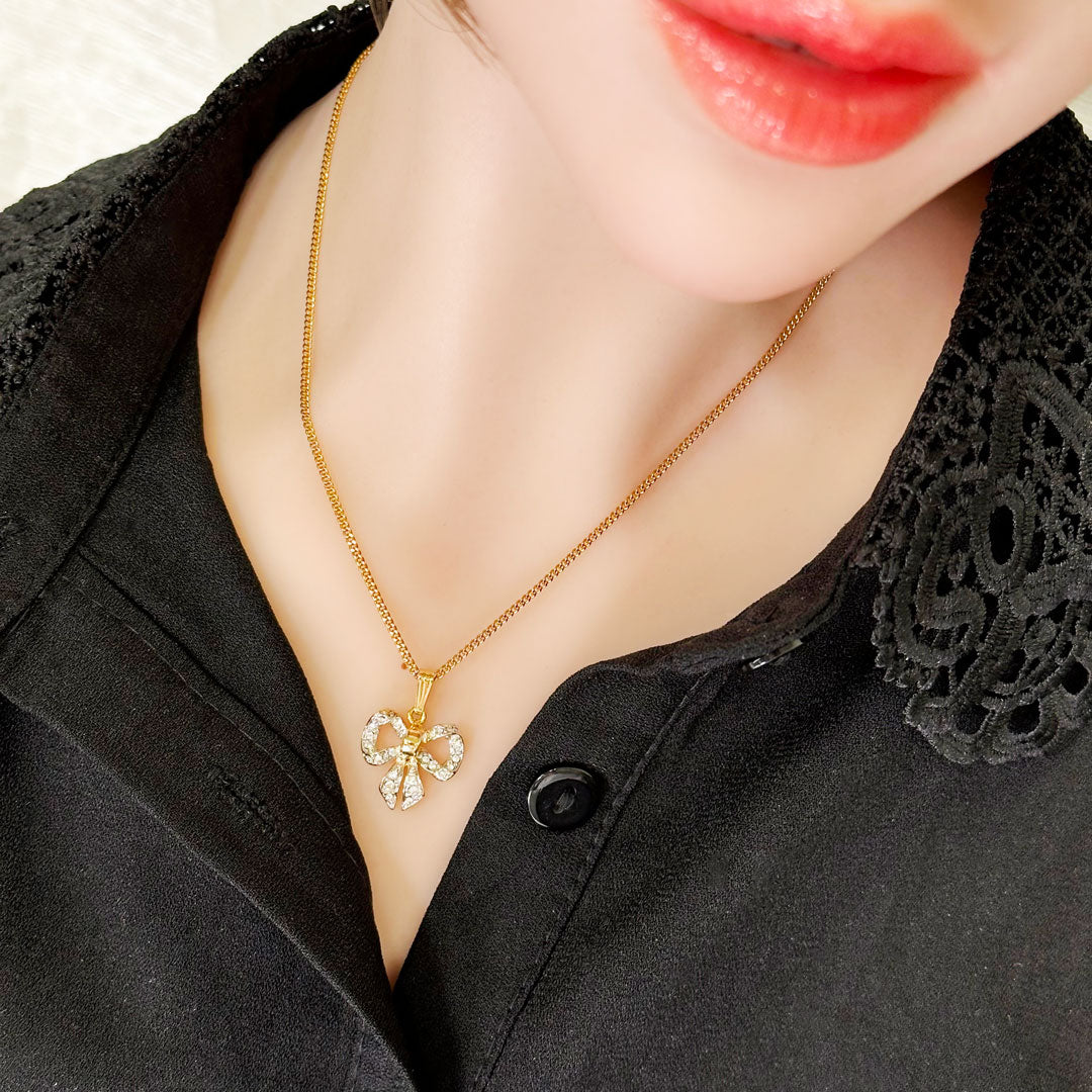 リボンのチャーム ネックレス レディース ヴィンテージアクセサリー 22KTゴールドプレート 金 ニッケルフリー KEYES カナダ製 欧米 プレゼント ギフト