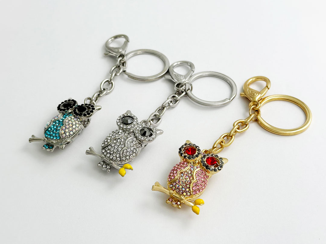 きらきらラインストーン 可愛いフクロウのキーホルダー キーリング ペア お揃い シルバー ブルー ピンク プレゼント ギフト