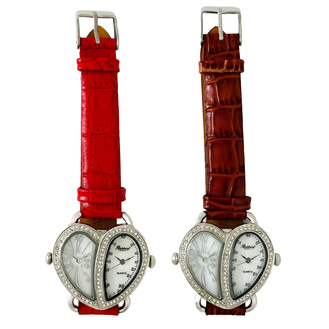 【Rapport】 革ベルト ダブルハート デュアルタイム ユニーク 多機能 レディース 腕時計