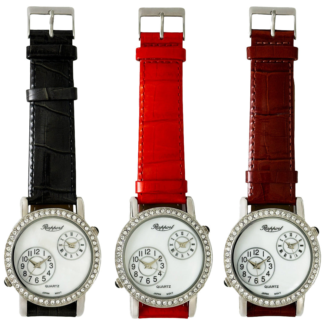 【Rapport】 革ベルト デュアルタイム ビッグフェイス カジュアル 多機能 レディース 腕時計