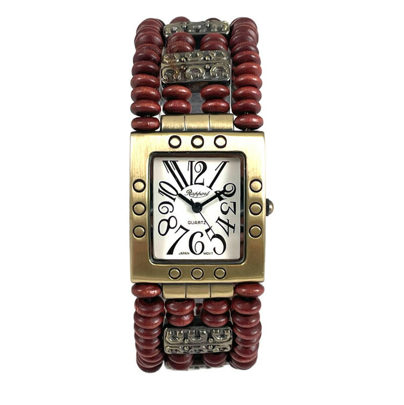 【Rapport】 バングルウォッチ レクタングル ウッドビーズ アンティーク調 レディース 腕時計