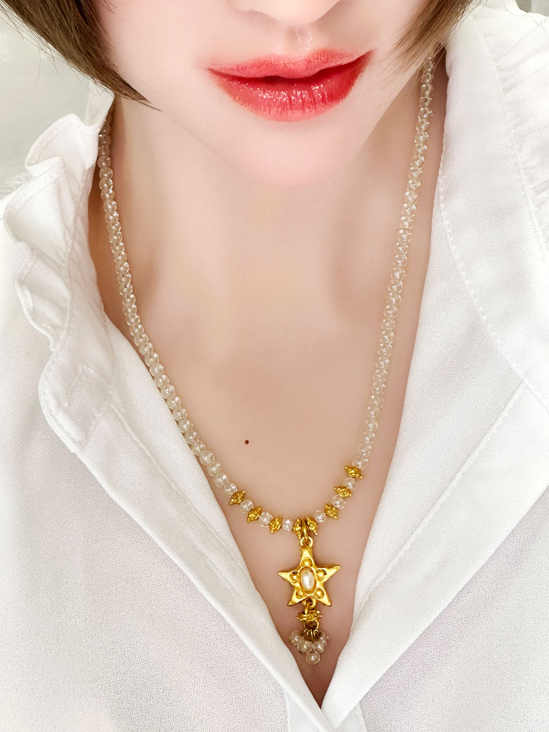 ビーズとパールのネックレス ガラスパール ガラスビーズ フランス産のインポートアクセ プレゼント ギフト