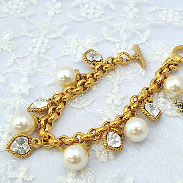 アンティーク風 ガラスパールとクリスタルのブレスレット フランス製のインポートアクセ プレゼント ギフト