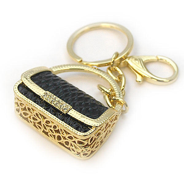 きらきらラインストーン ハンドバッグのキーホルダー キーリング  ペア お揃いブラック オレンジ プレゼント ギフト