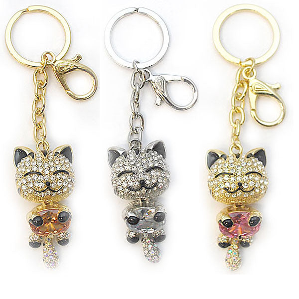きらきらラインストーン にっこりニャンコのキーホルダー キーリング 可愛い ペア お揃い ゴールド シルバー プレゼント ギフト