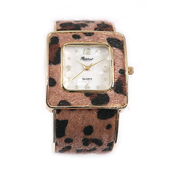 【Rapport】 バングルウォッチ アニマル柄 ハラコ風 スクエア フェイクファー レディース 腕時計